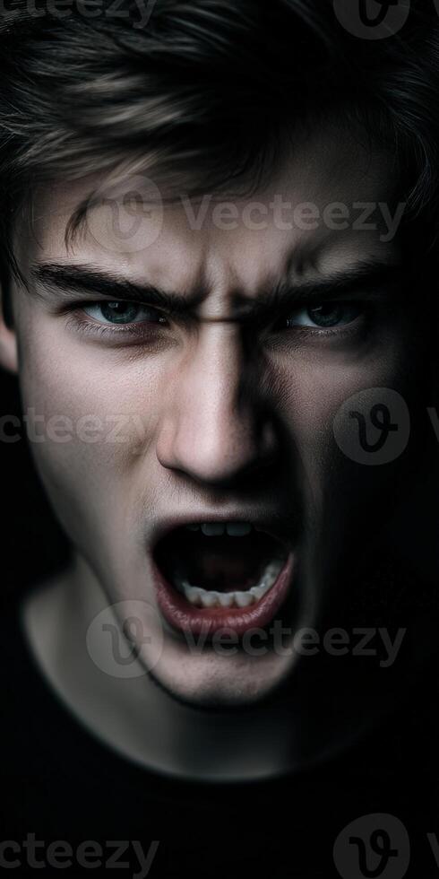 Man's angry expression with mouth open in dimly lit setting photo