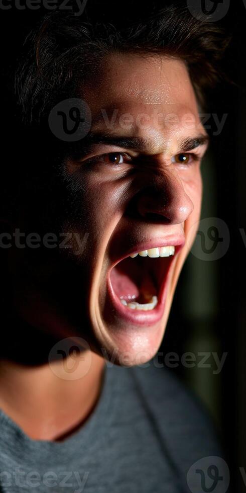 Man expresses anger by yelling in a darkened space photo