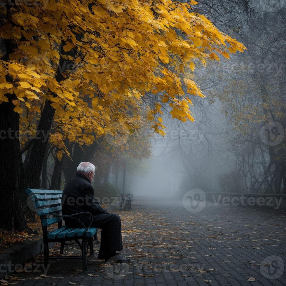 Older man sits on a bench in autumn park covered with fog photo