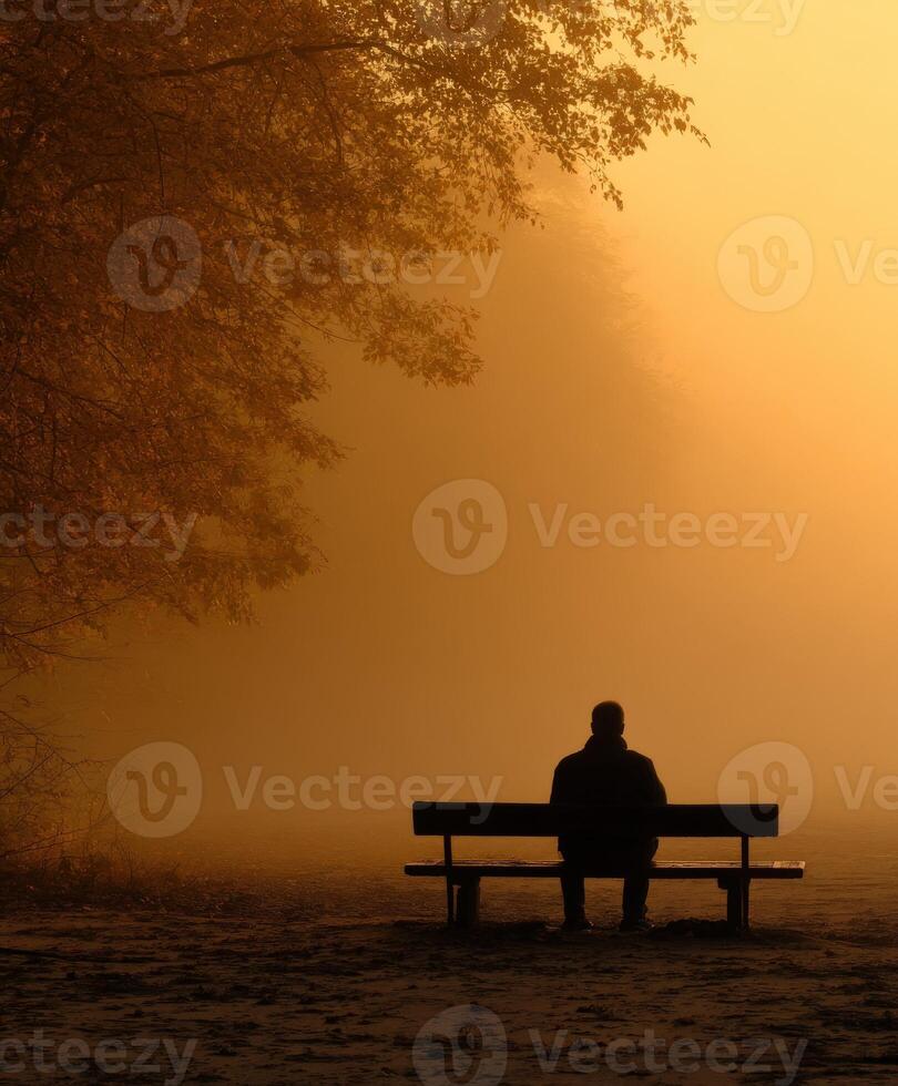 Person rests on a bench in park on foggy morning photo
