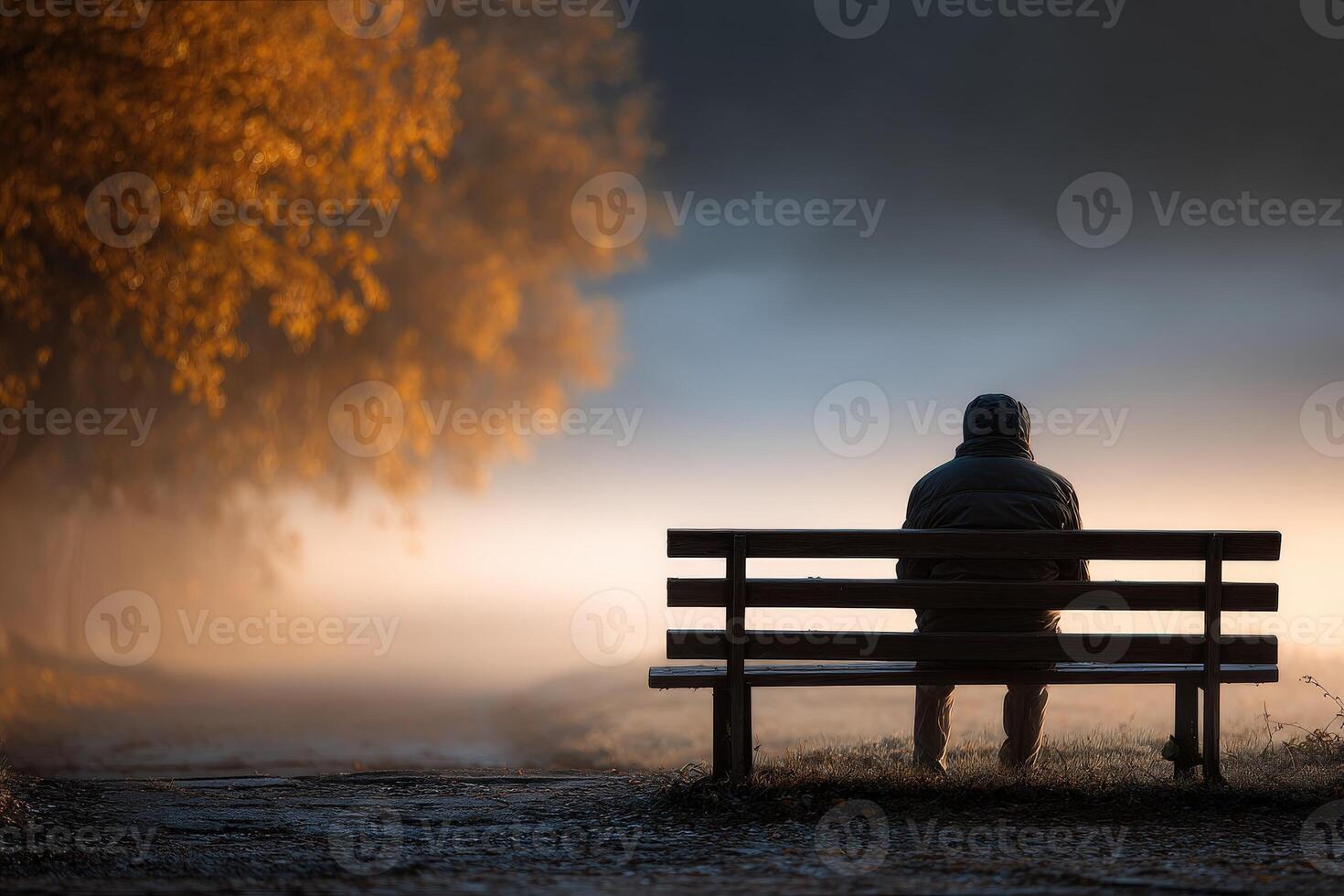Man sits alone on park bench in autumn morning fog photo