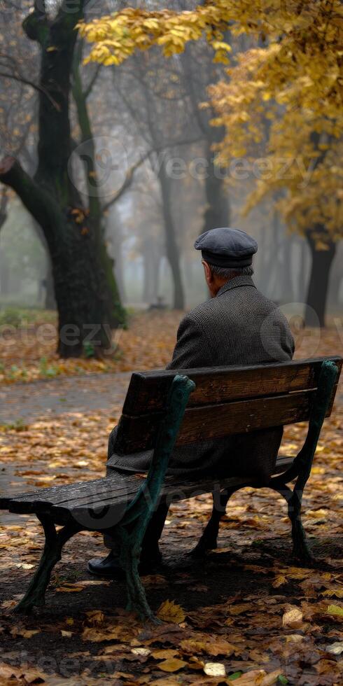 Man sits on bench alone in autumn park on foggy morning photo