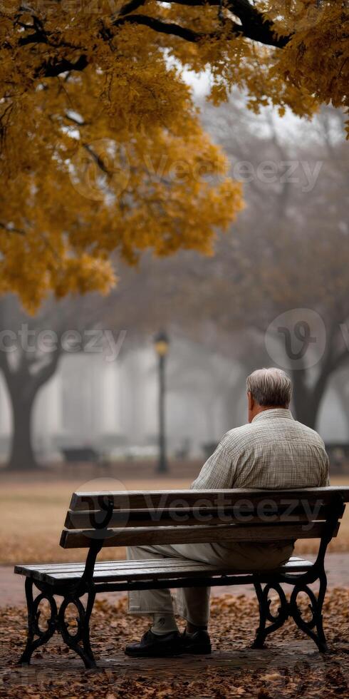 Man sitting on Park Bench in Autumn on a Foggy Day photo