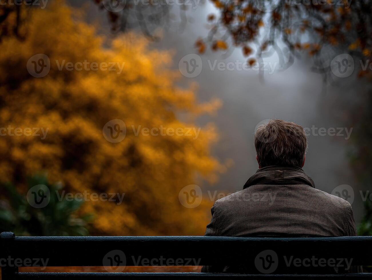 Man sitting on a bench in Park looking at trees in Autumn photo