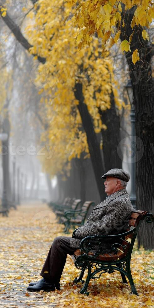 Senior man sitting on bench in autumn park during foggy weather photo