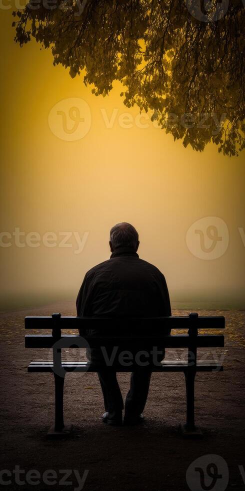 Man sitting alone on a park bench in foggy evening photo