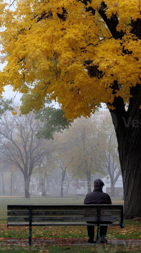 Man sits on bench in park during Autumn with yellow leaves photo
