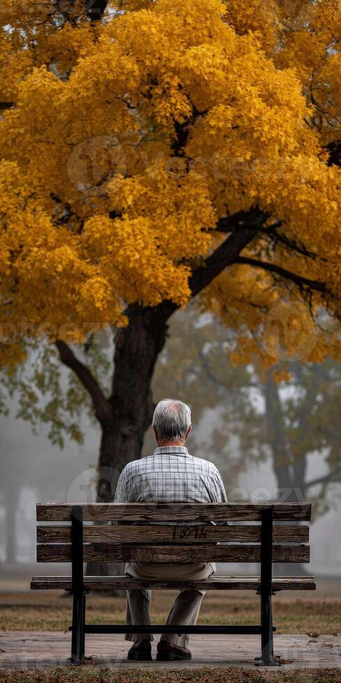 Man enjoying scenic autumn foliage while sitting on bench photo