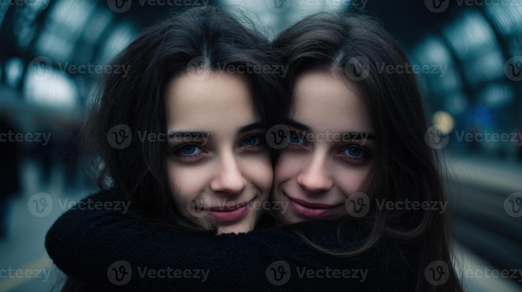 Twin sisters embracing at a subway station late at night photo
