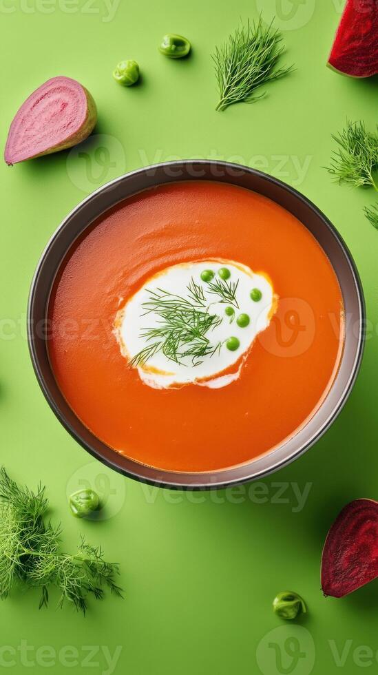 A bowl of beetroot soup with cream and dill, on green table. Flat lay, ideal for menus photo