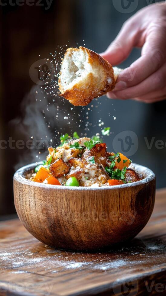 A bowl of gourmet food being sprinkled with a piece of bread on a wooden table photo