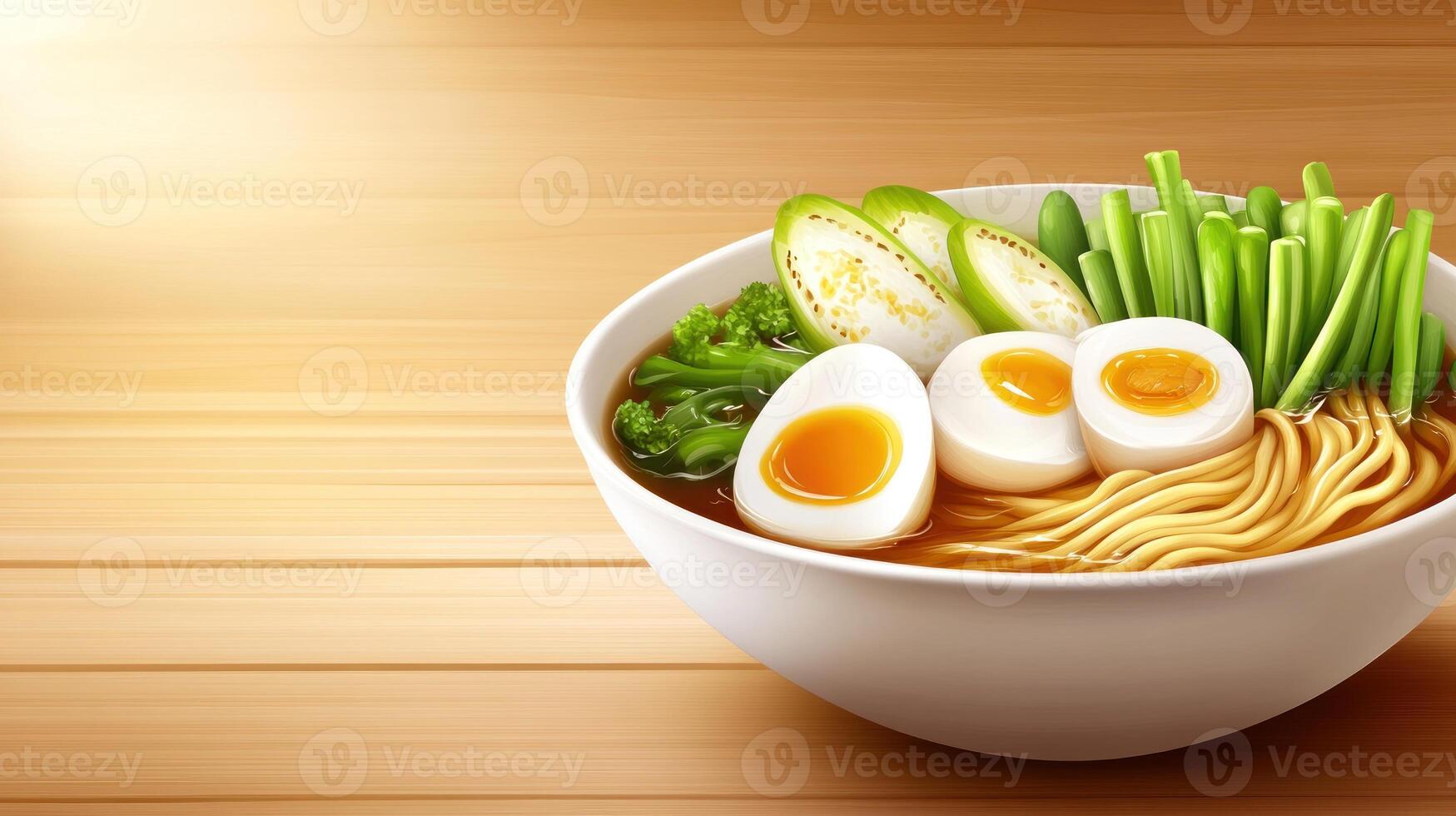 A bowl of ramen with boiled eggs and greens on a wooden table, for food service photo