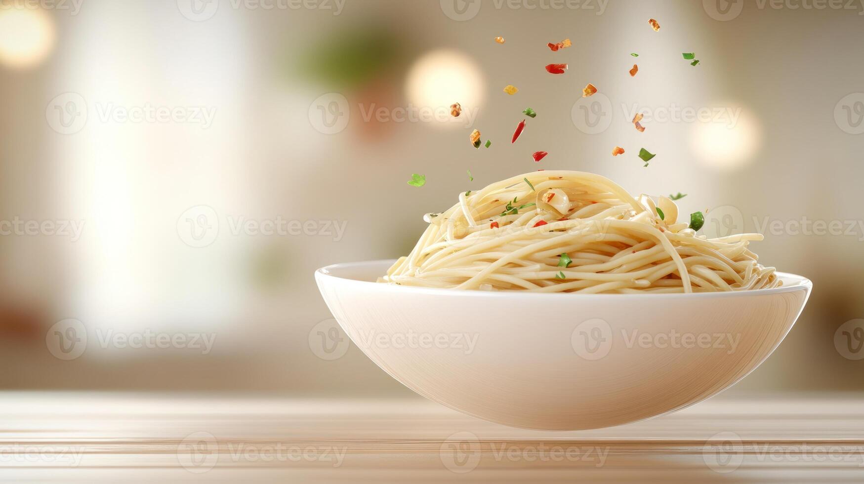 A bowl of Spaghetti with herbs and chili flakes levitating above a wooden table photo