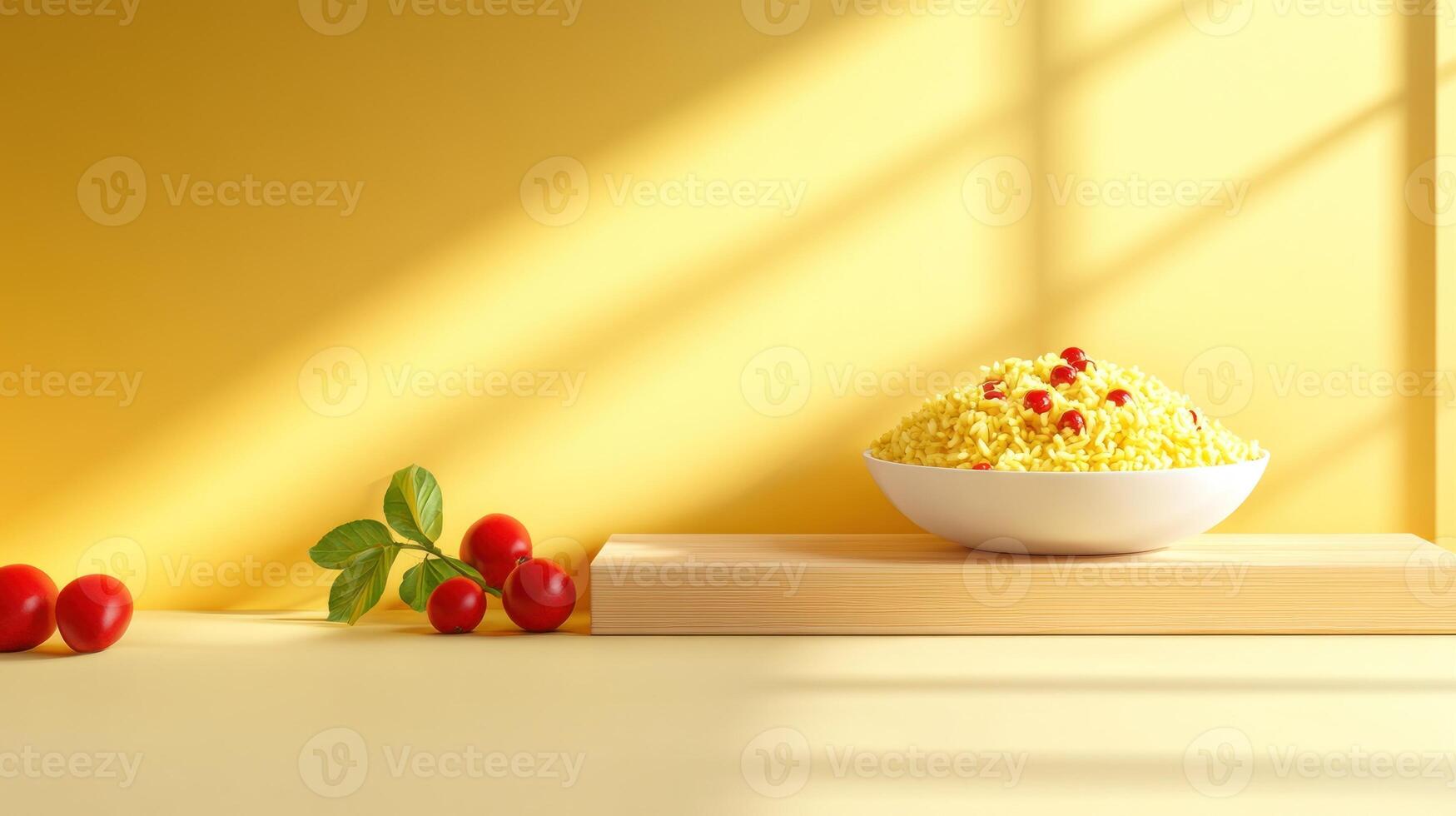 A bowl of yellow grain topped with red berries for a healthy food blog post or recipe photo