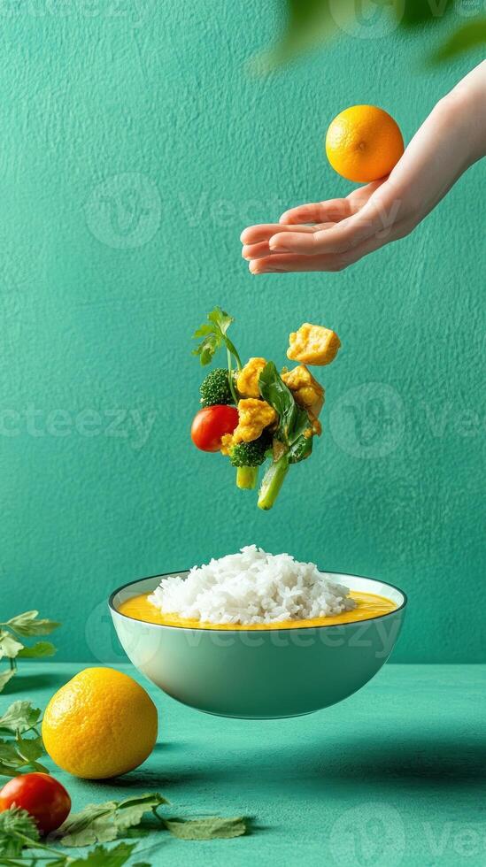 A hand offering a lemon and fresh vegetables above a bowl of rice, floating. Still life photo