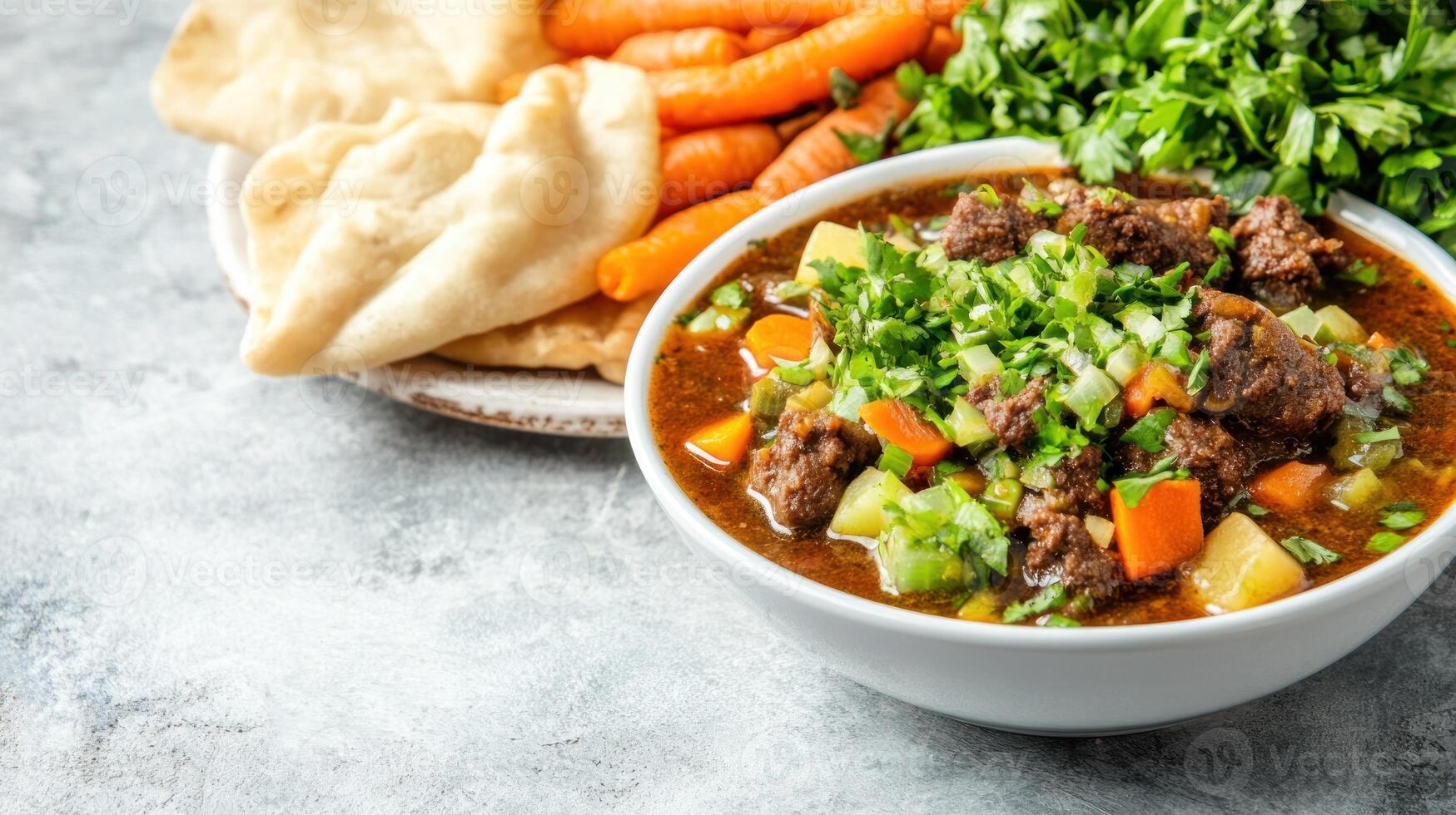 A hearty beef stew with veggies in a bowl alongside flatbread for warm, tasty comfort food photo