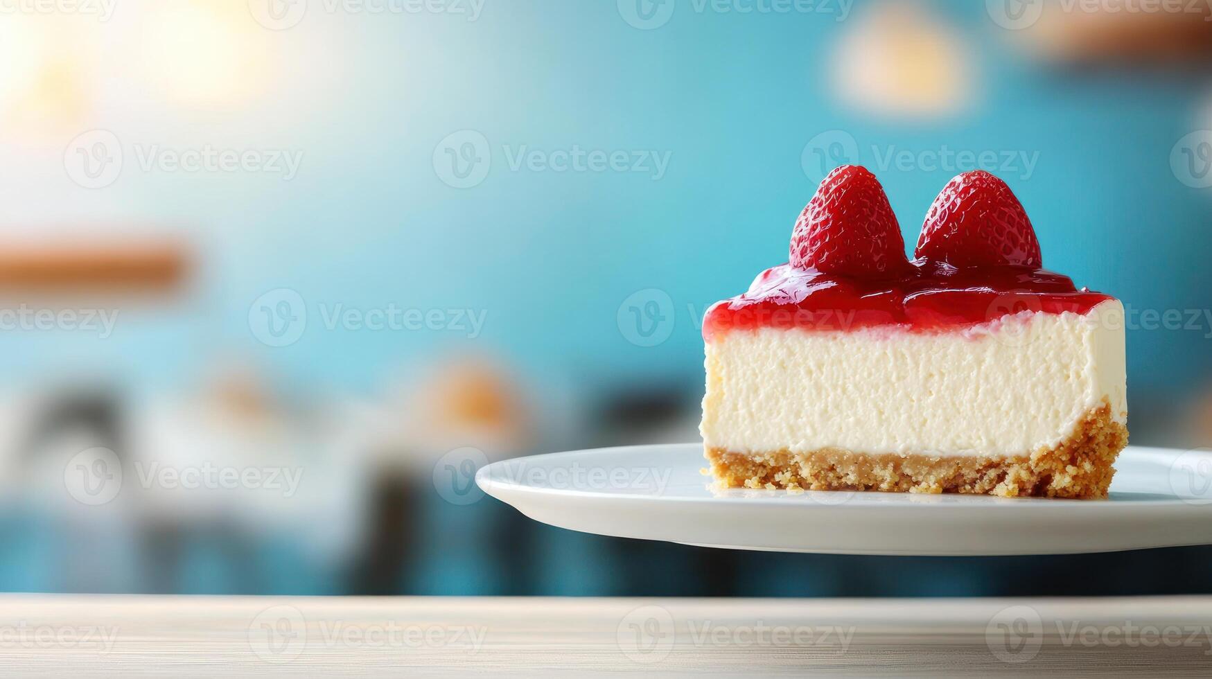 A tempting slice of cheesecake with berries in a cafe for dessert menus and ads photo