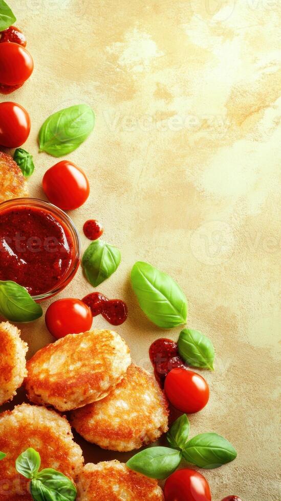Appetizing dish small cutlets, tomato sauce and basil leaves on a beige background photo