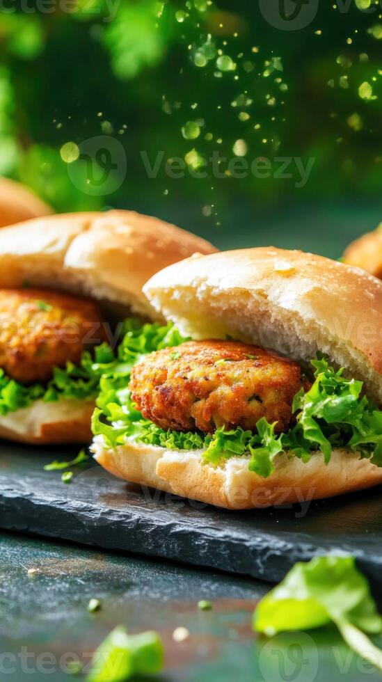 Appetizing veggie burgers on buns with lettuce on a slate with green background for healthy meals photo