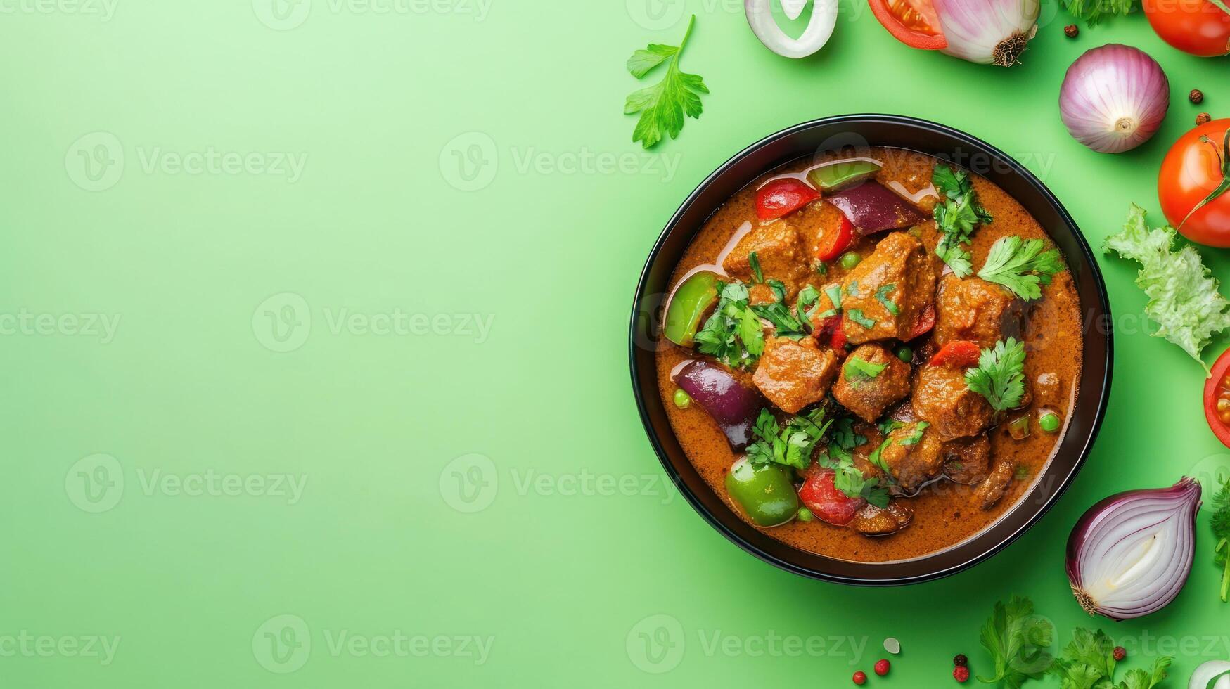 Aromatic curry dish with beef, vegetables, parsley on bright green background, for food blog photo