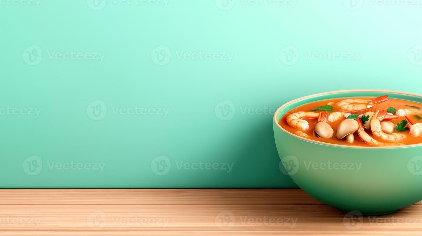 Aromatic shrimp soup in bowl on table, mint wall background. Food photography, menu idea photo