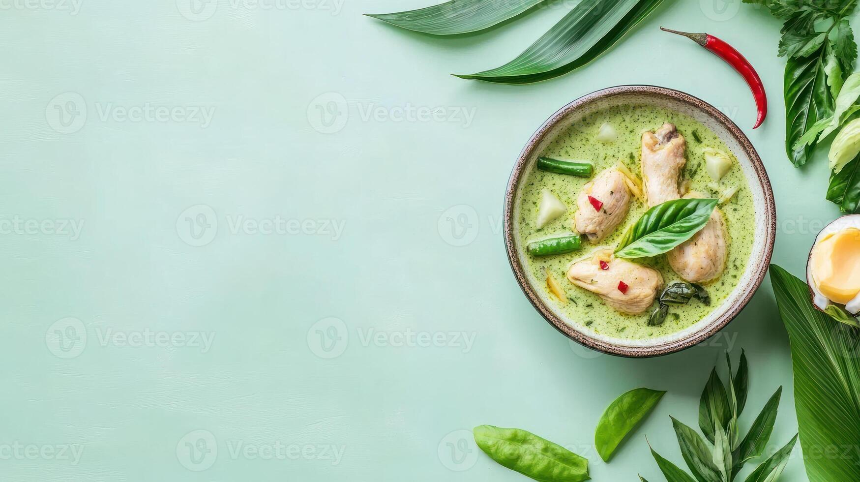 Aromatic green curry with chicken and vegetables, served with coconut in a tropical setting photo