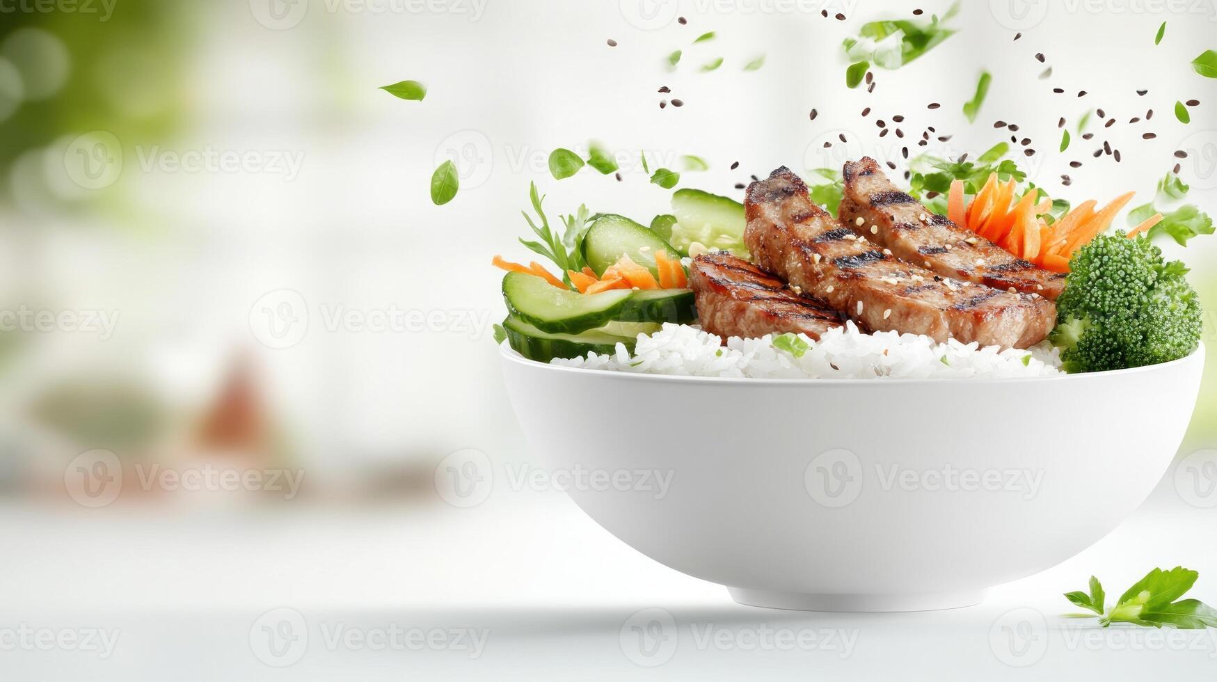 Asian dish with meat, rice and veggies in the bowl. Balanced nutrition against blurred backdrop photo