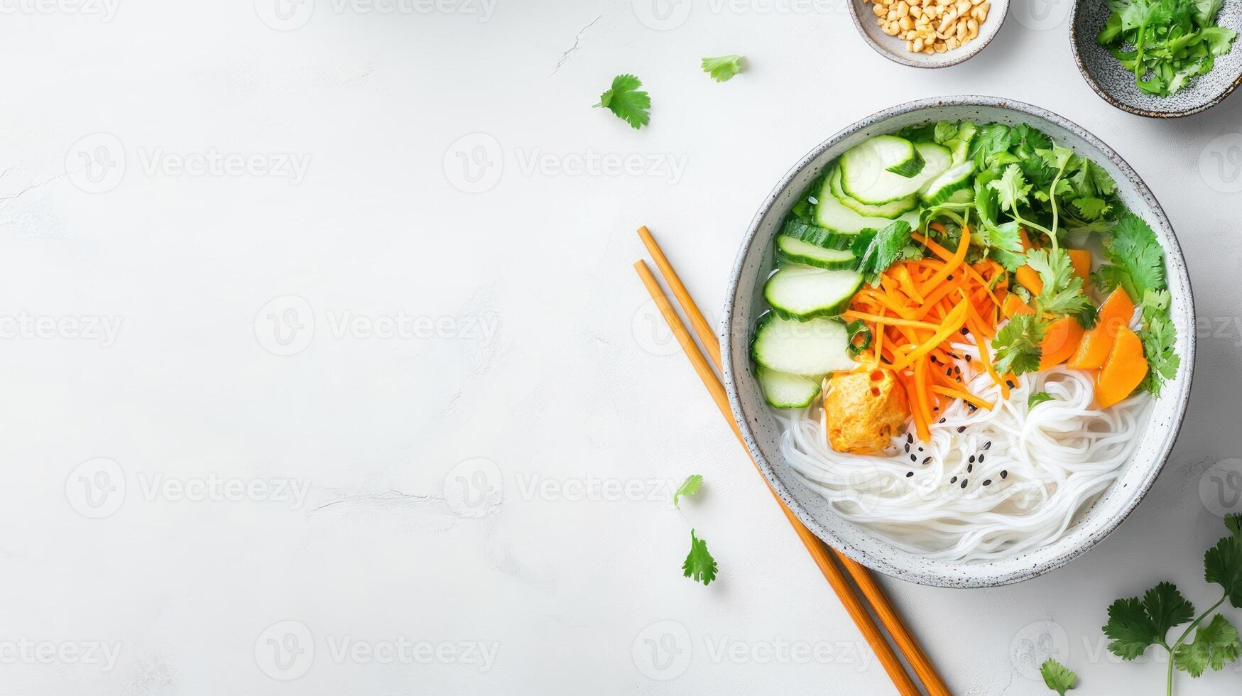 Asian noodles soup with tofu, carrot, cucumber, and cilantro. Culinary blog, food photography photo
