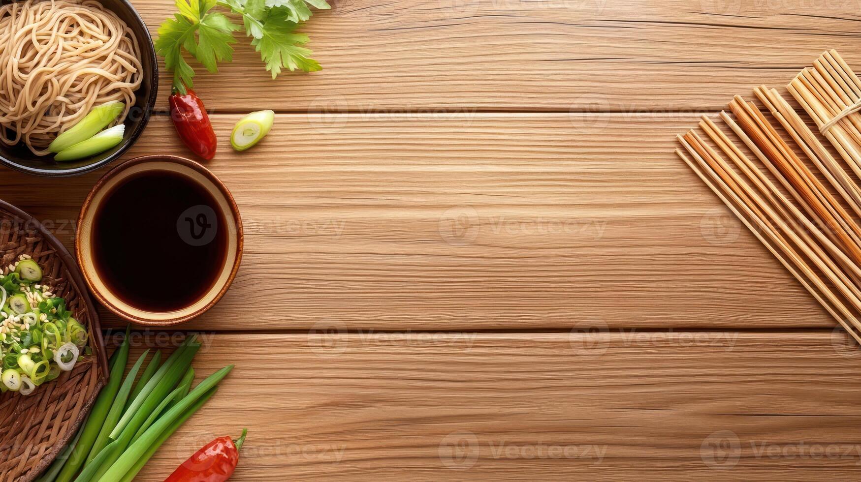 Asian noodles with sauce served on wood. Perfect for food blog, restaurant promotion photo