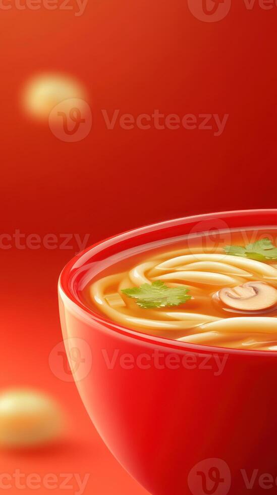 Asian soup closeup. Noodles in red bowl on solid background. For healthy lifestyle marketing use photo