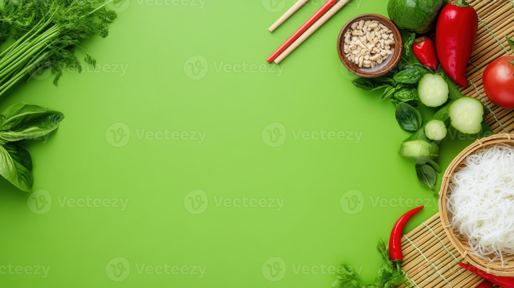 Asian vegan meal prep, noodles, veggies laid out on bright background. Use for food blogging photo