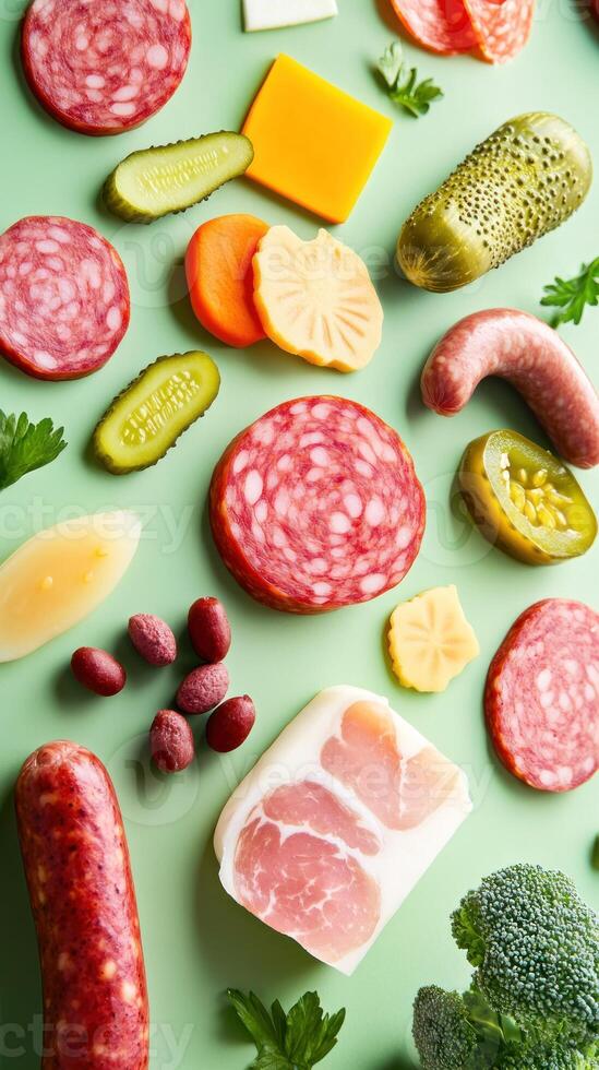 Assorted cold cuts, cheese and pickles on table, flat lay. For menu or recipe ideas photo