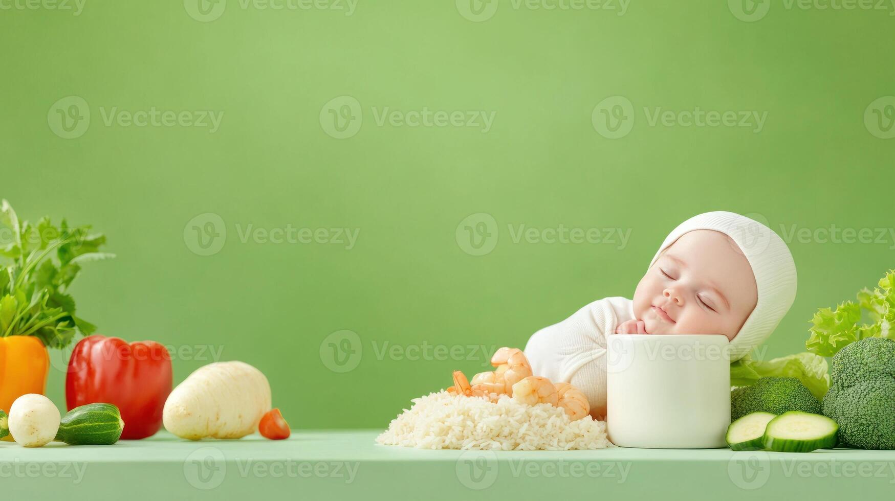 Baby sleeping on a pile of rice with vegetables around. Food advertising concept photo