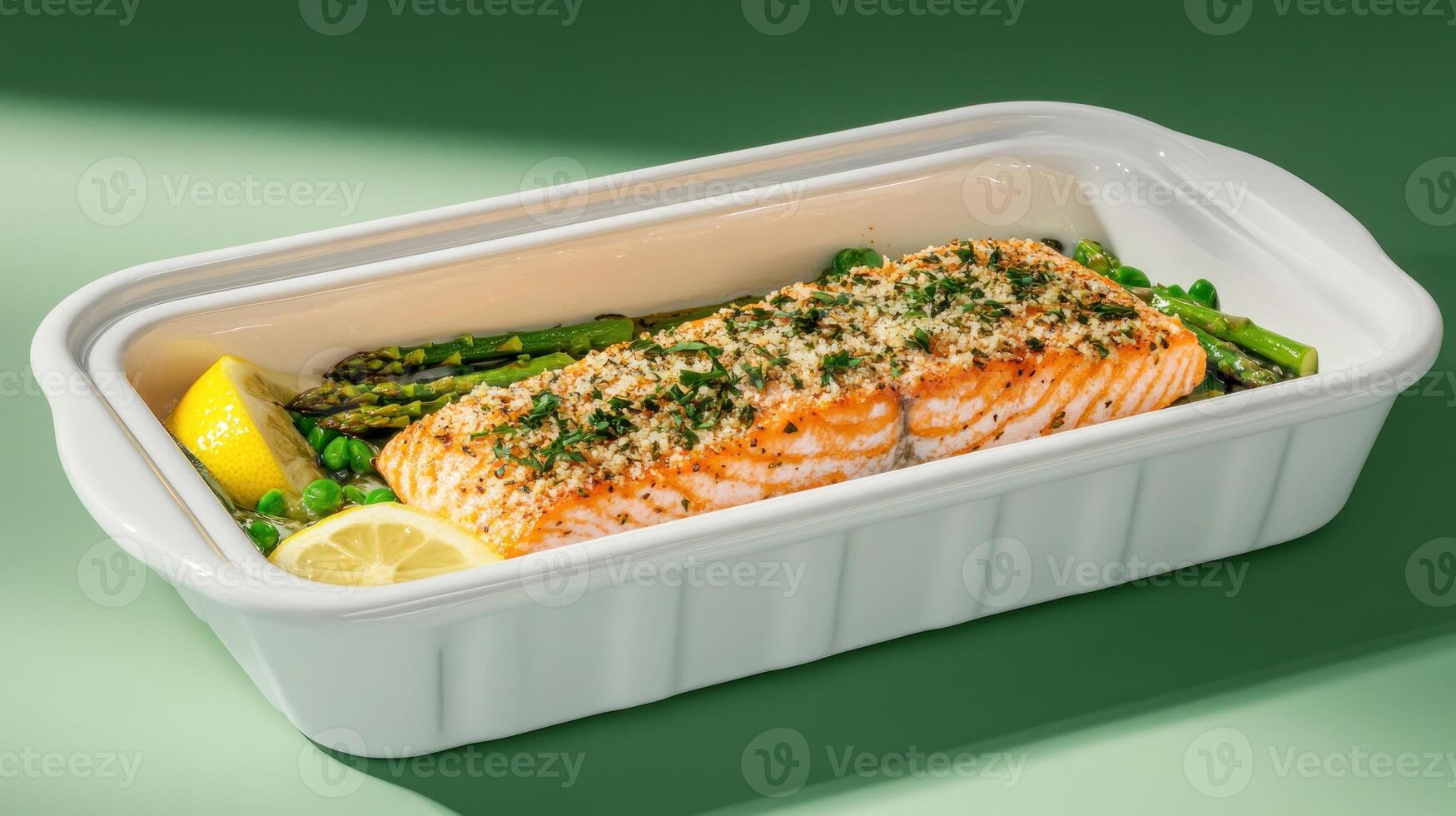Baked salmon with asparagus and peas, served in a casserole dish on a green table with sunlight photo