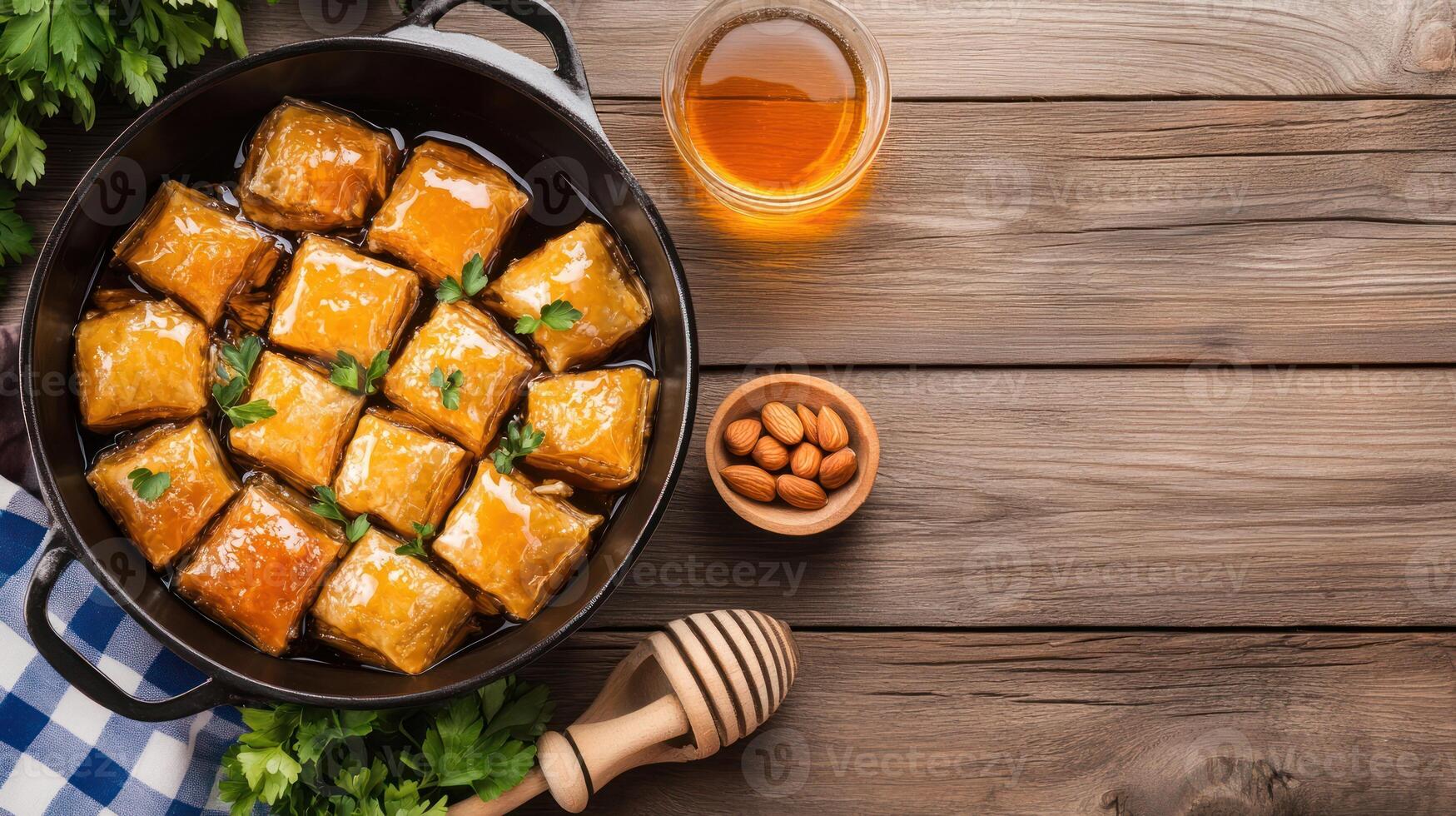 Baklava Dessert Dish, Honey Drizzled. Nuts beside the sweets dish, on a table in background. Food ad photo