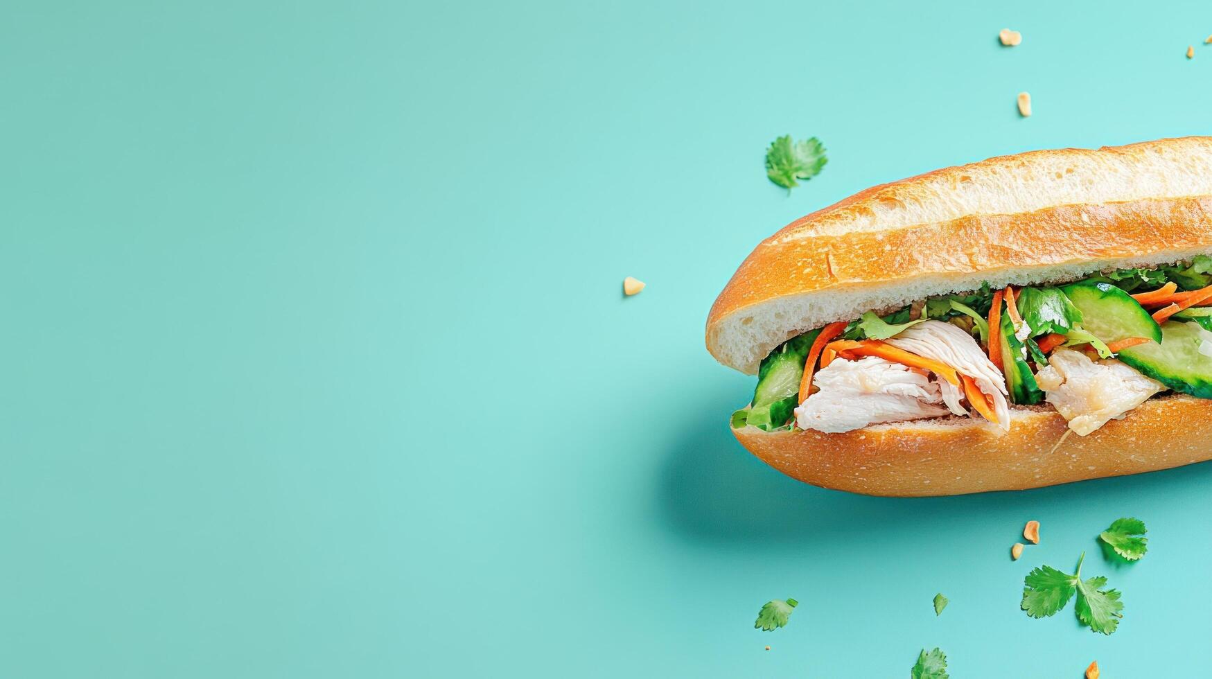 Banh Mi Sandwich on Teal Background. Copy space for menus, recipes, blog posts and restaurants photo