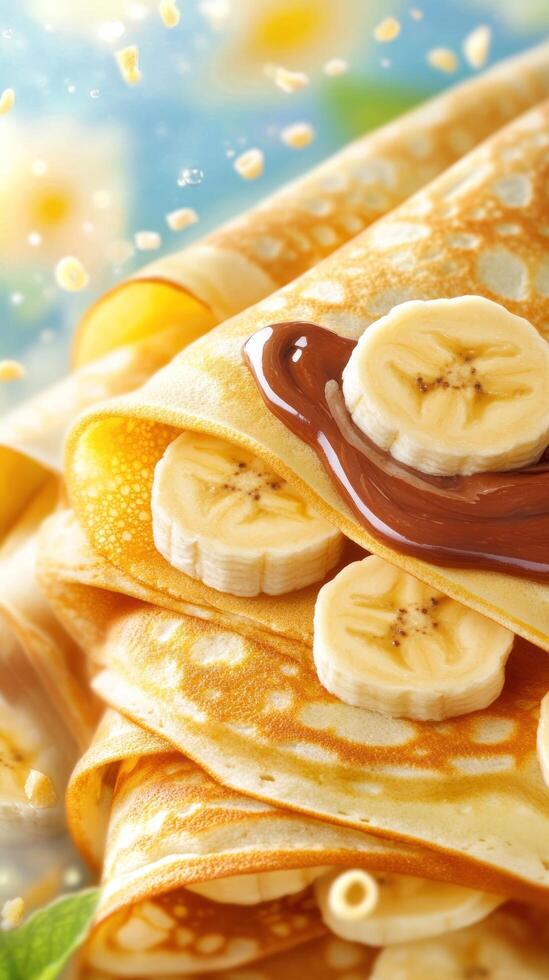 Banana crepe stack with chocolate spread on a bright day for a sweet snack or treat photo
