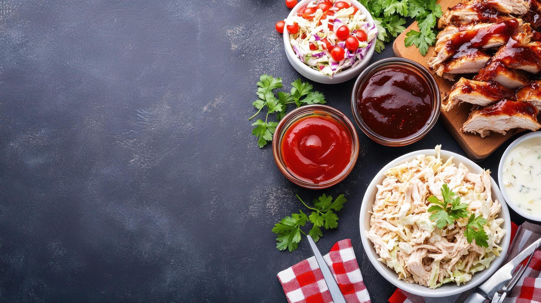 BBQ Chicken with coleslaw and sauces on a dark surface for a dining menu ad or a cooking recipe photo