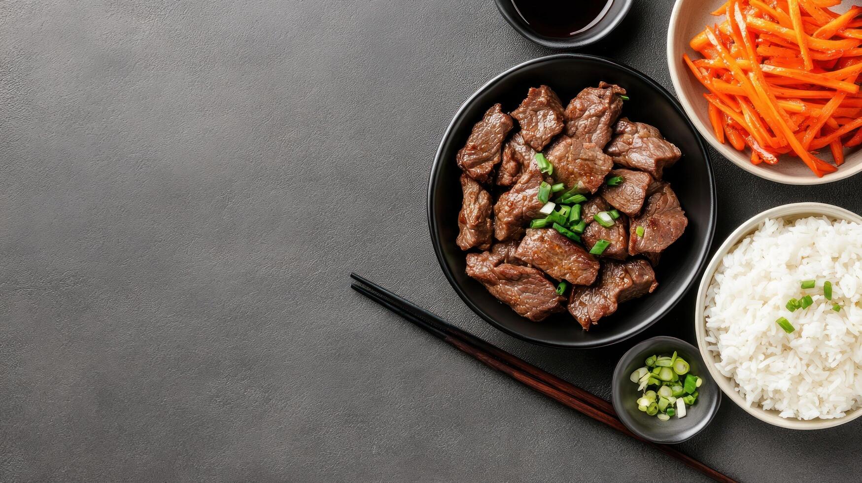 Beef bulgogi meal rice, carrot salad and sauce on gray background. Good for menu or food blog use photo