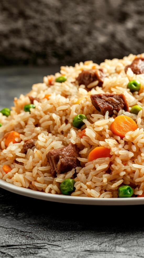 Beef fried rice with vegetables served on plate, against textured stone background, close-up photo
