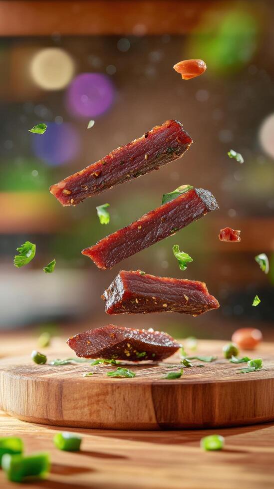 Beef jerky pieces floating above a board with garnish for a product food advertising shot photo