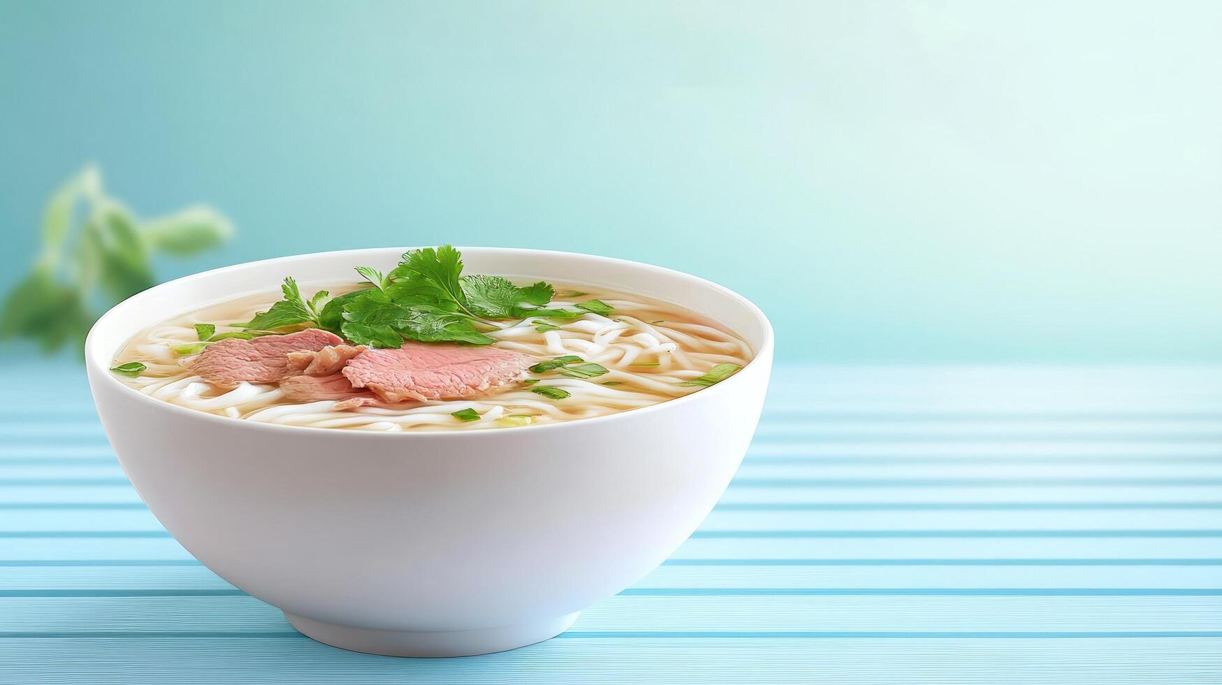 Beef noodle soup on blue table with light blue background. Use for food blogs and articles photo