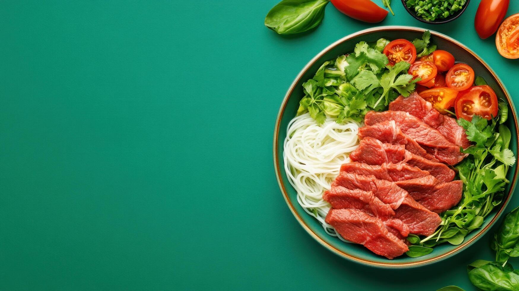 Beef noodle salad meal preparation on a green background for healthy diet recipe blog photo