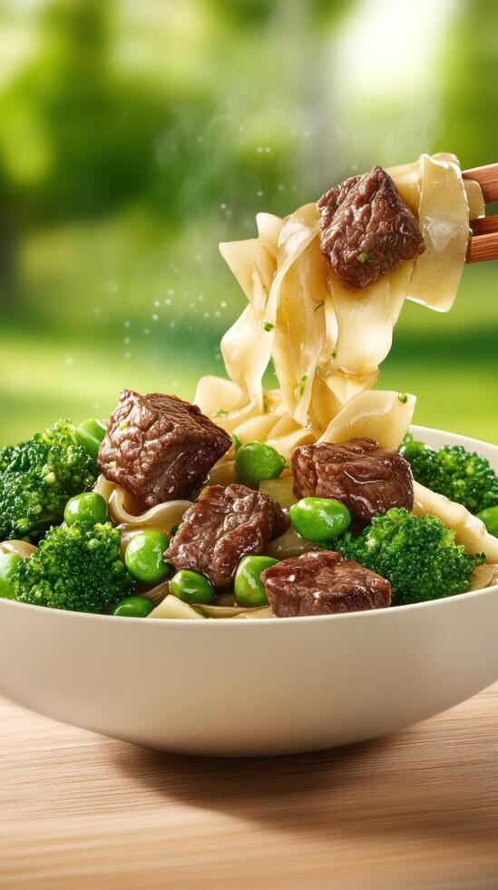 Beef noodles with broccoli and soybeans in a bowl, outdoor eating. Noodles are lifted with chopsticks photo
