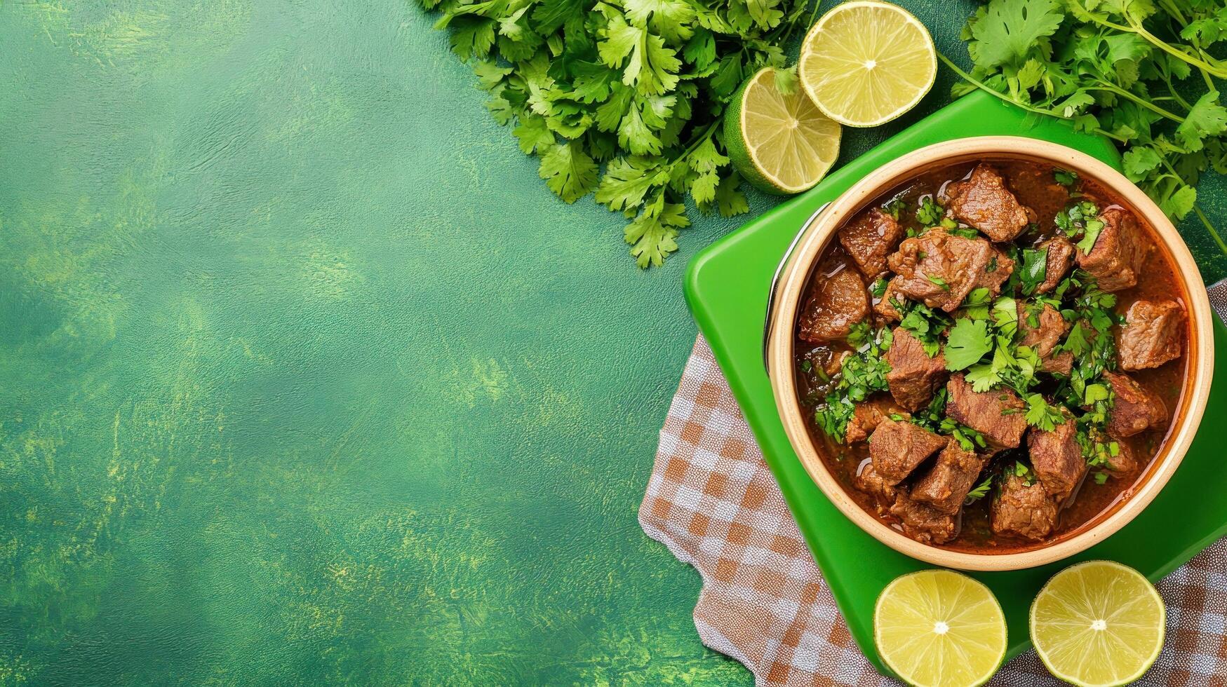 Beef stew served on a green table with lime and coriander for dinner, copy space for a food blog photo