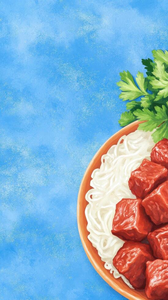 Beef stew and pasta on a plate, parsley garnish. Food concept background for recipe cards photo