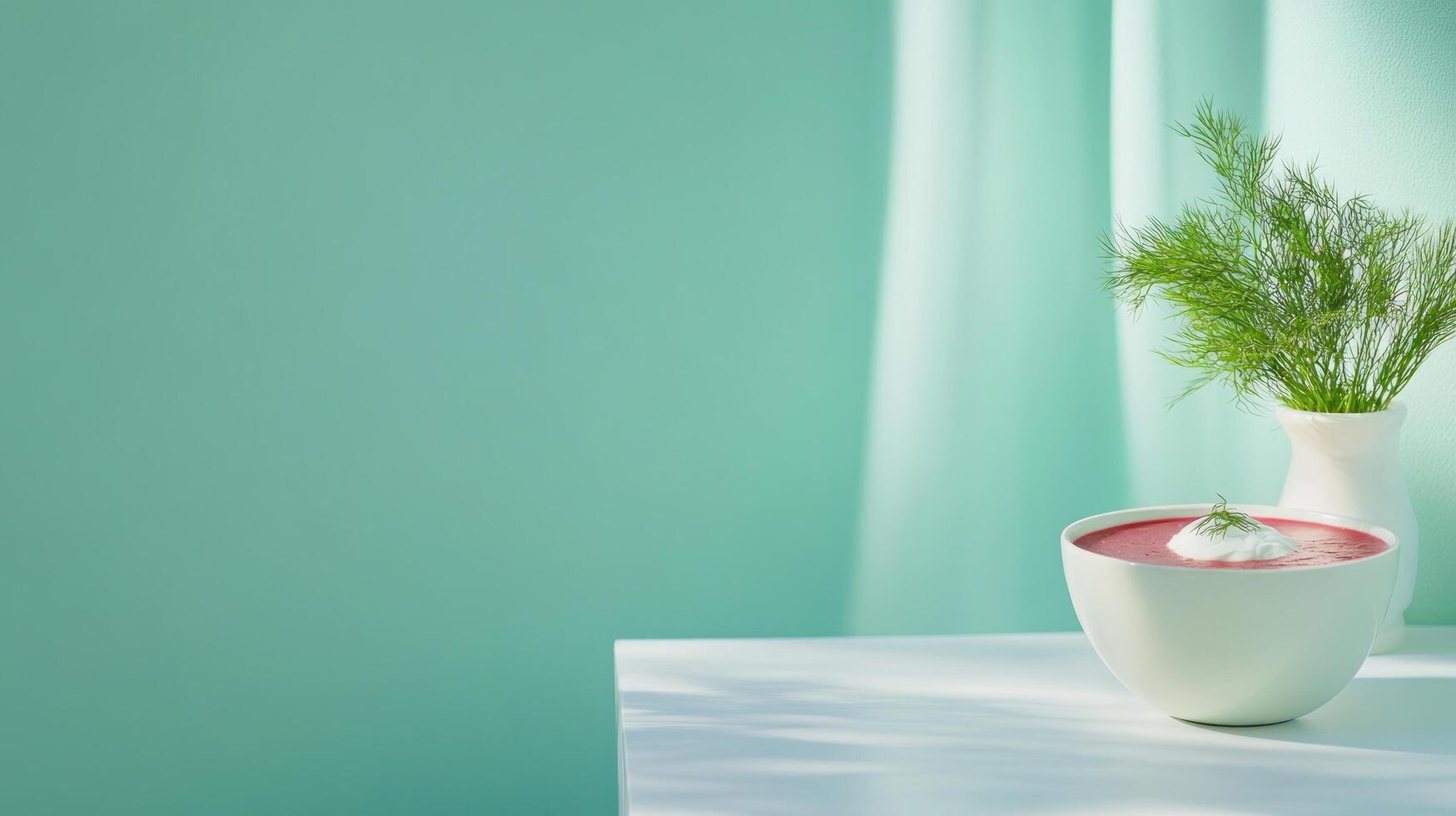 Beetroot soup on the table with dill vase. Restaurant food photography, menu or cookbook illustration photo