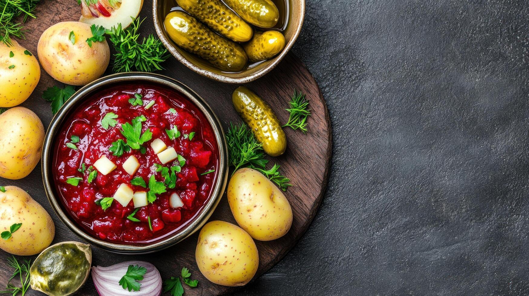 Beet salad, potatoes, and pickles on board, view from above, concept cuisine, food photography photo