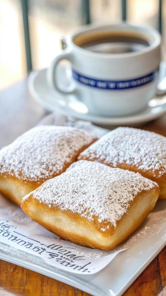Beignets with powdered sugar on plate and coffee for breakfast. Lifestyle, Food blog, restaurant photo