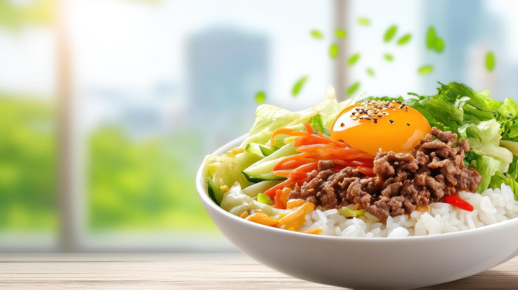 Bibimbap bowl, egg yolk, meat and vegetables with rice on wood, cityscape view. Diet dish for web site photo